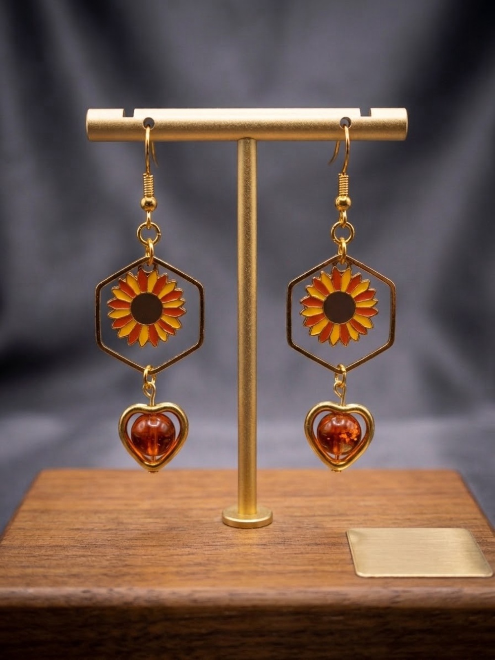Gold Sunflower Drop Earrings with Amber Heart Accent - Yellow/Gold